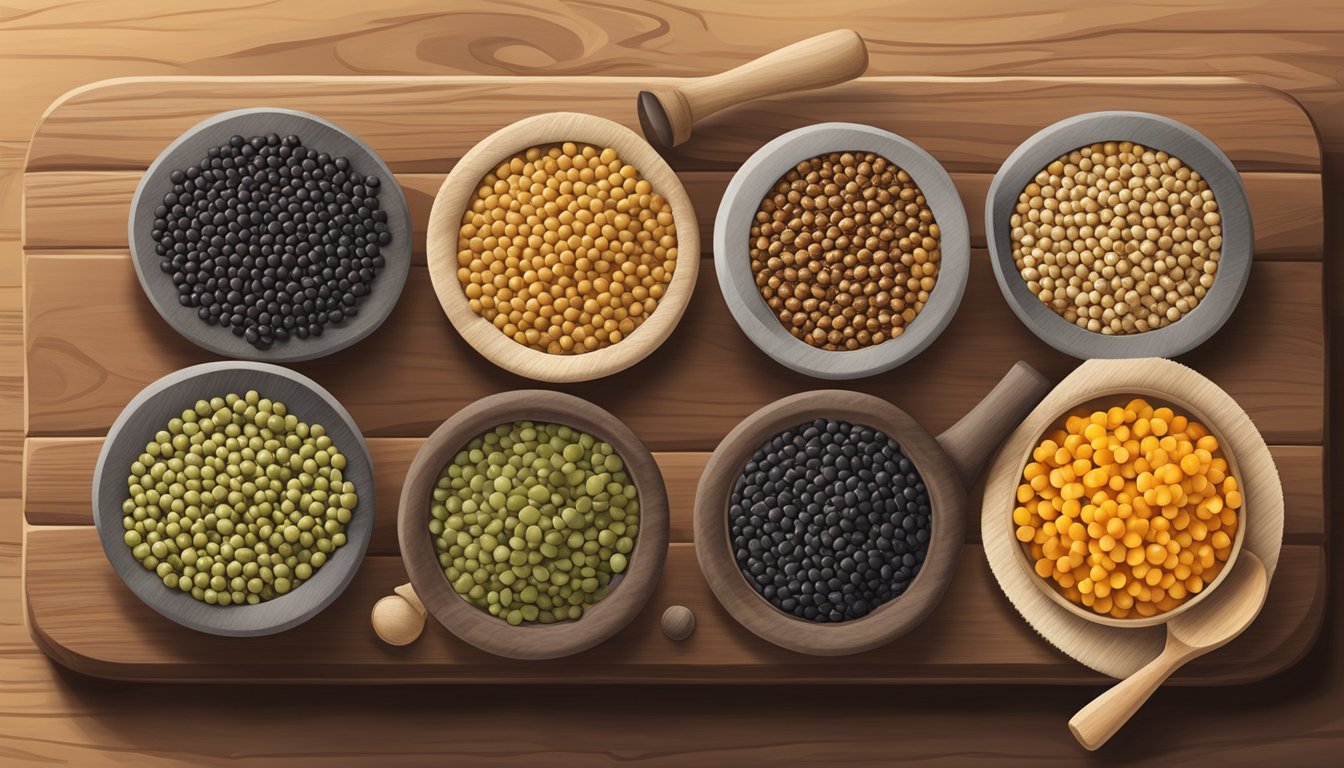 A variety of black gram substitutes arranged on a wooden cutting board, including lentils, chickpeas, and mung beans, with a mortar and pestle nearby