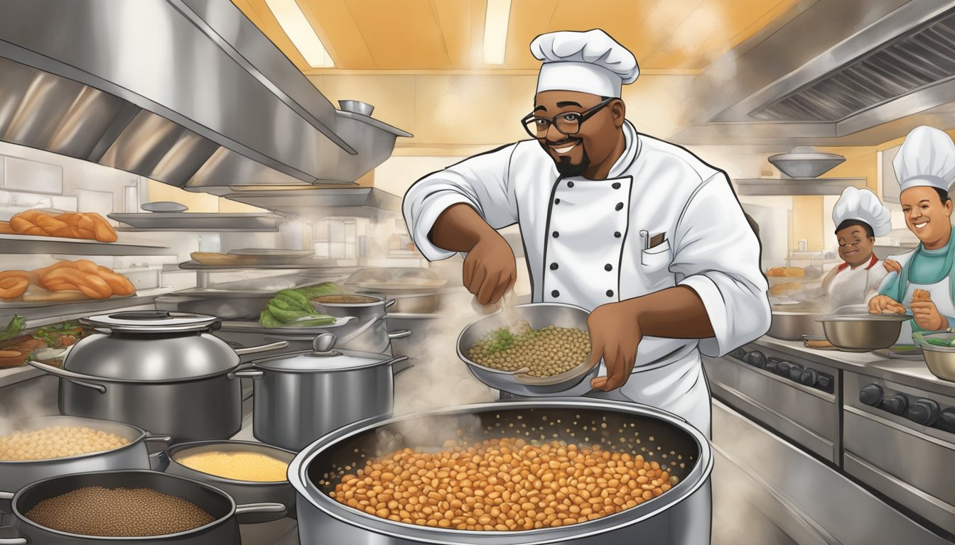 A chef in a bustling kitchen swaps black eyed peas for alternative substitutes in a steaming pot of specialty dishes