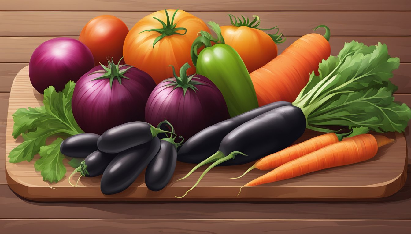 A colorful array of black tomatoes, carrots, and beets arranged on a wooden cutting board