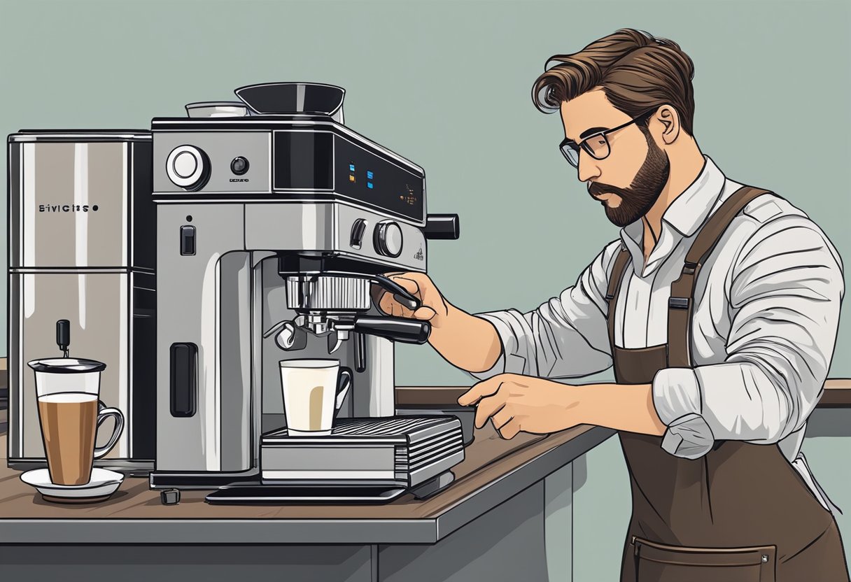 A barista operates a 15-bar espresso machine, grinding and tamping coffee, then watching as the machine brews a rich, aromatic espresso