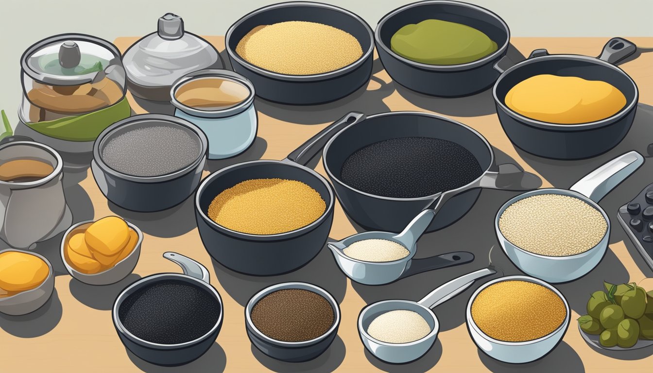 Black gram and various substitutes arranged on a kitchen counter, with pots and pans in the background