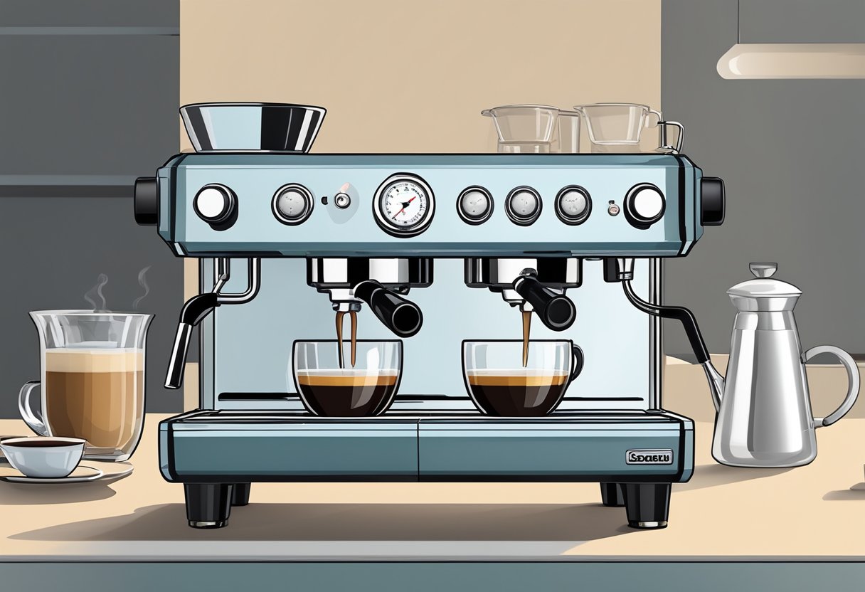 An espresso machine with a pressure gauge showing 1 bar on the left and 15 bar on the right, steam wand and portafilter in focus