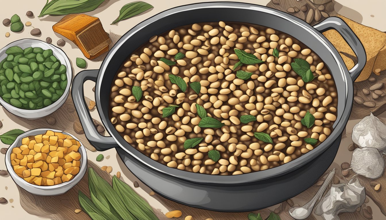 A pot of simmering black-eyed peas with various alternative ingredients nearby