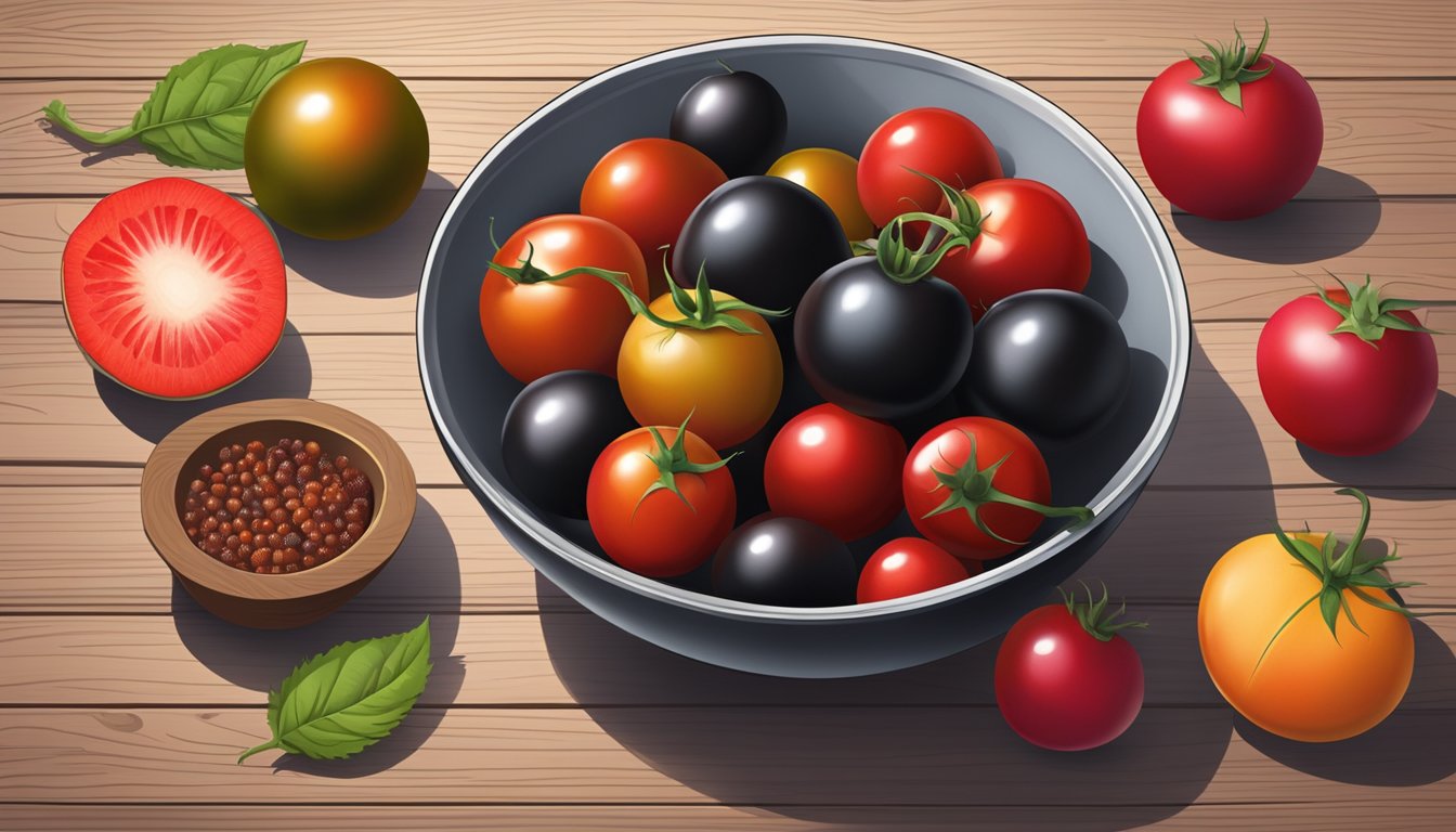 A bowl of black tomatoes, surrounded by various fruit-based alternatives like strawberry and raspberry, on a wooden table