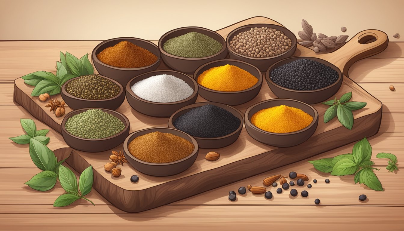 A variety of black gram substitutes displayed on a wooden cutting board with assorted spices and herbs scattered around