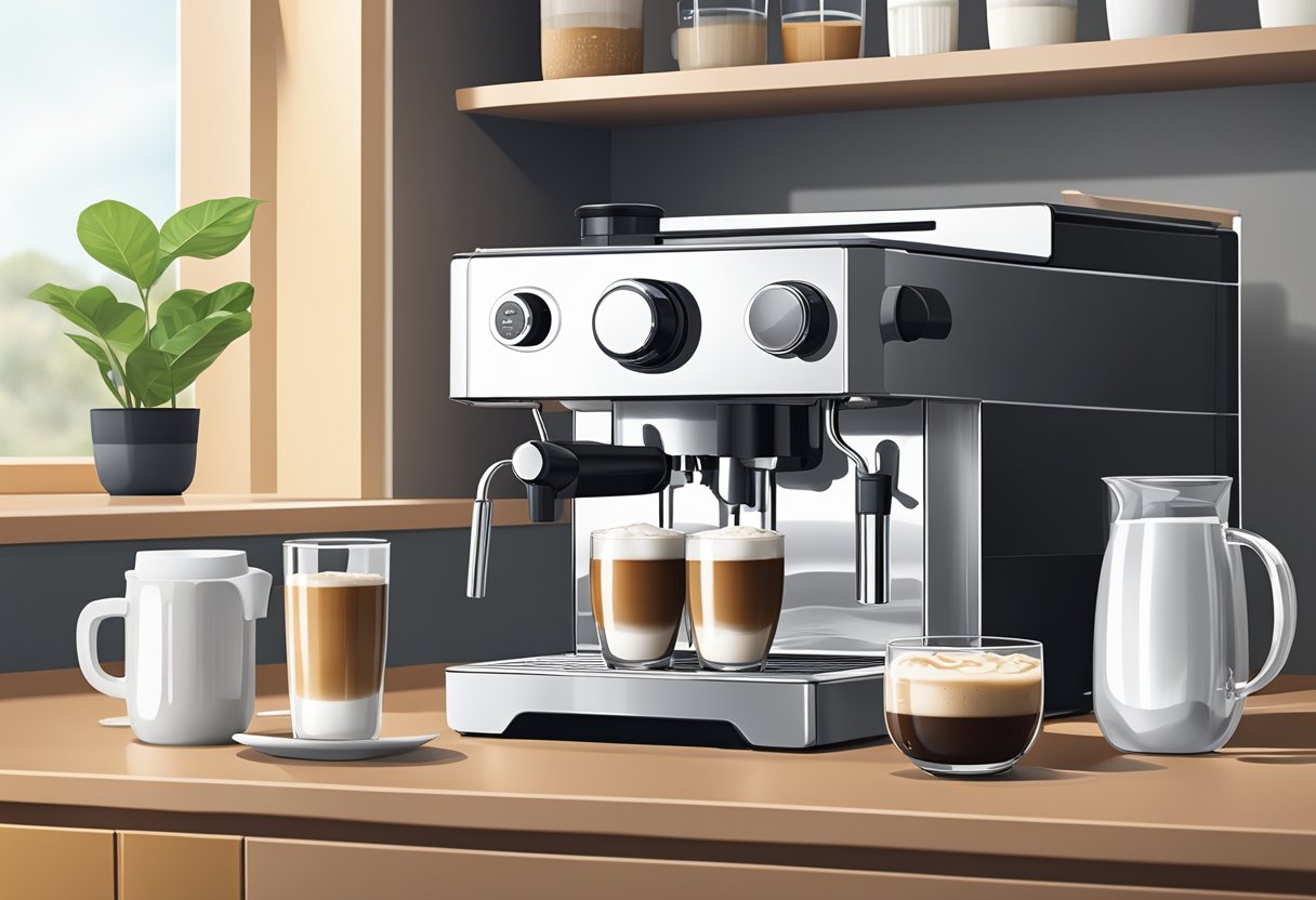 A modern kitchen with a sleek 15 bar espresso machine next to a variety of milk-based drinks, including lattes and cappuccinos