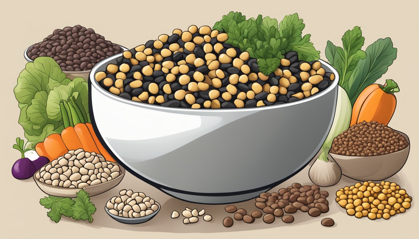 A bowl of black-eyed peas surrounded by various substitute options such as lentils, chickpeas, and kidney beans, with a variety of vegetables in the background