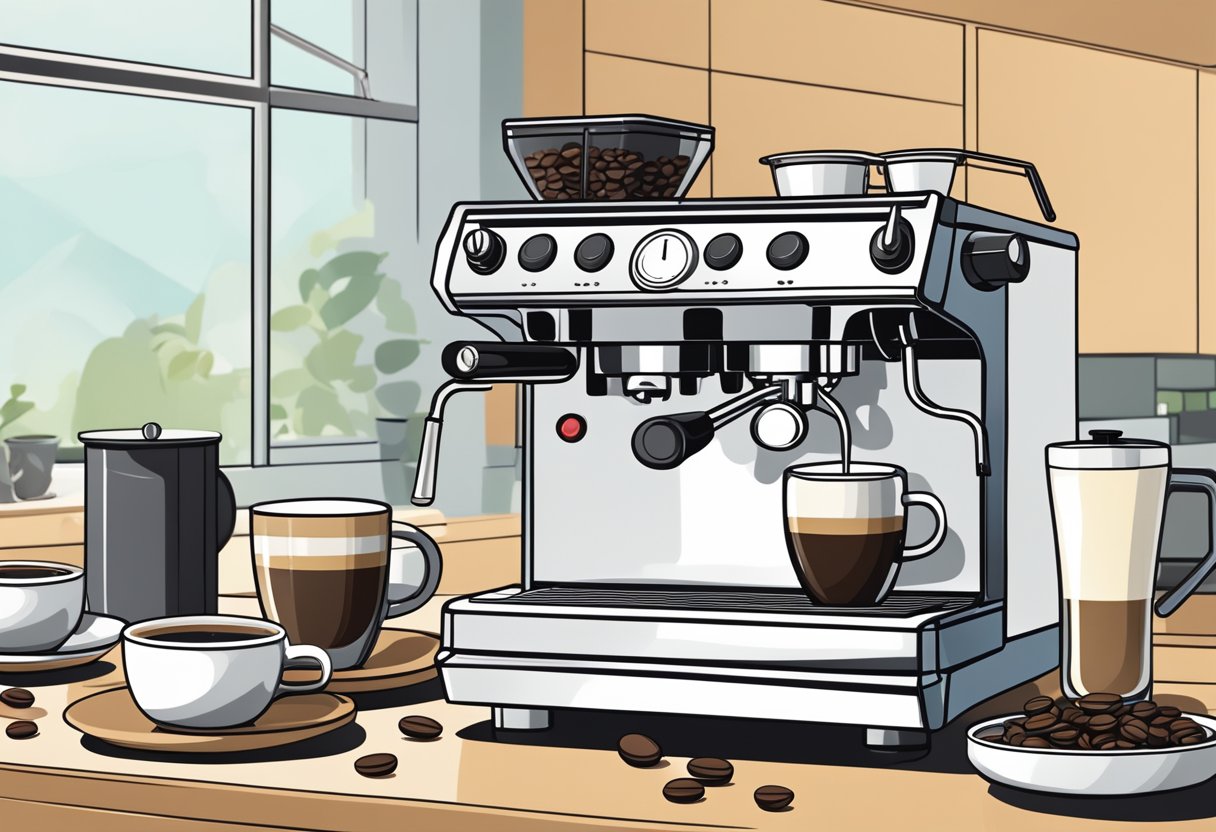 A sleek, modern espresso machine sits on a kitchen counter, surrounded by coffee beans, a milk frother, and various sized coffee cups