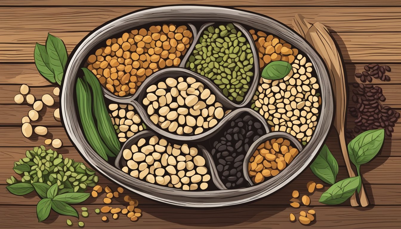 A bowl of black-eyed peas sits on a rustic wooden table, surrounded by various alternative ingredients like lentils, chickpeas, and kidney beans