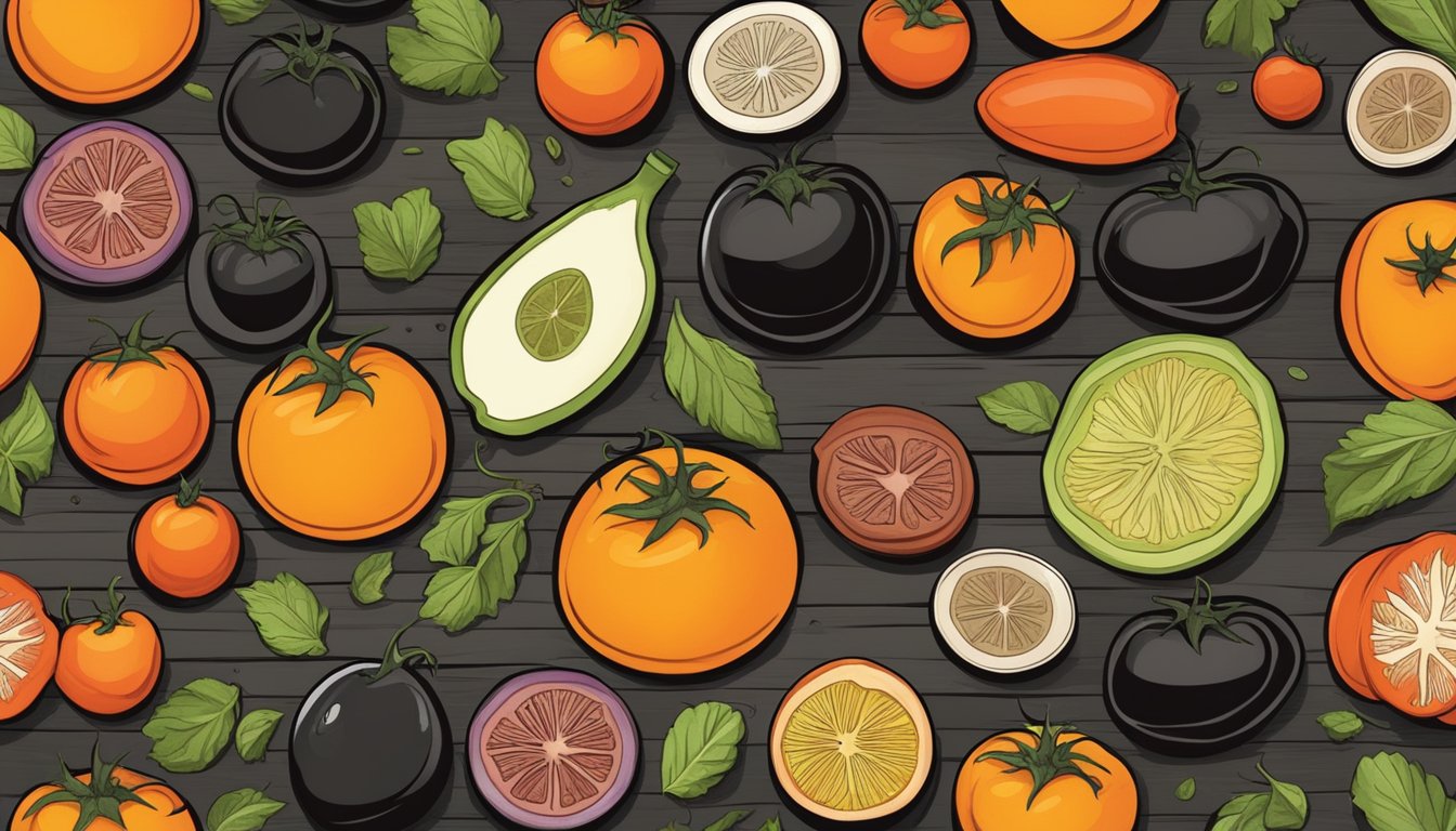 A colorful array of unique black tomatoes and their substitutes arranged on a rustic wooden table