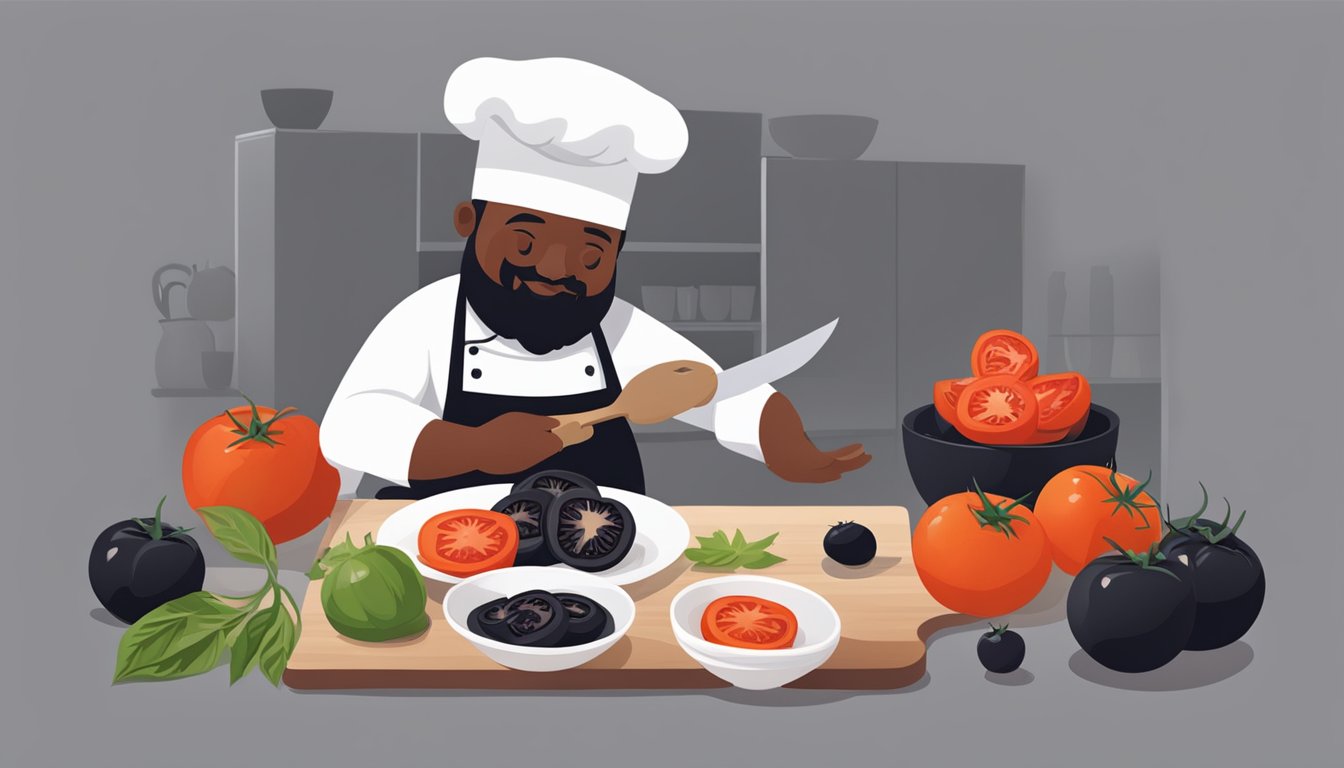 A chef slicing black tomatoes to substitute in a dish