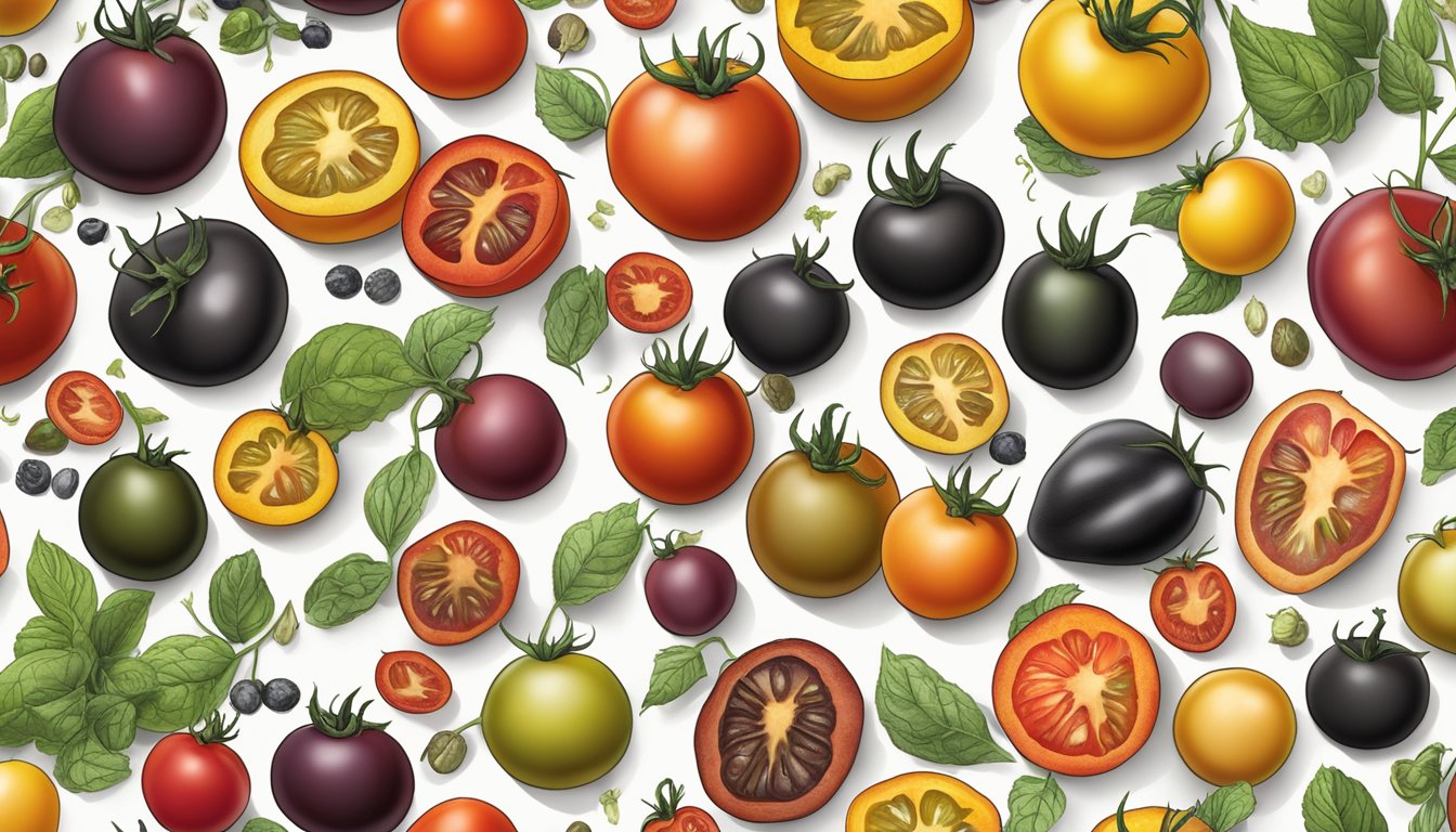 A colorful array of heirloom black tomatoes, alongside various alternative ingredients for special diets