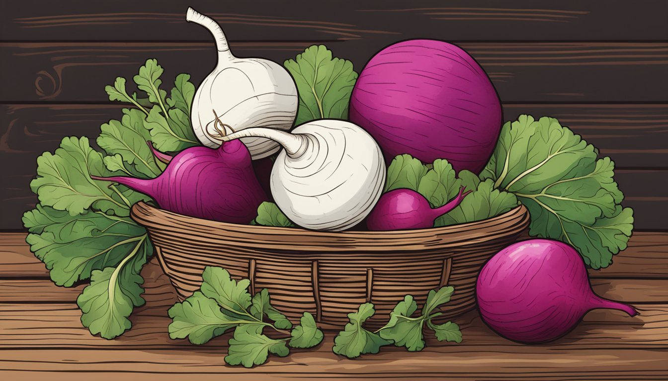 A basket of turnips, beets, and daikon radishes on a rustic wooden table