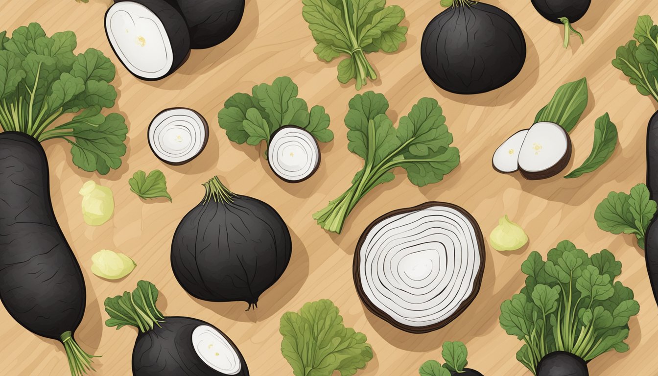 A variety of black radish substitutes displayed on a wooden cutting board, showcasing their different shapes, colors, and textures