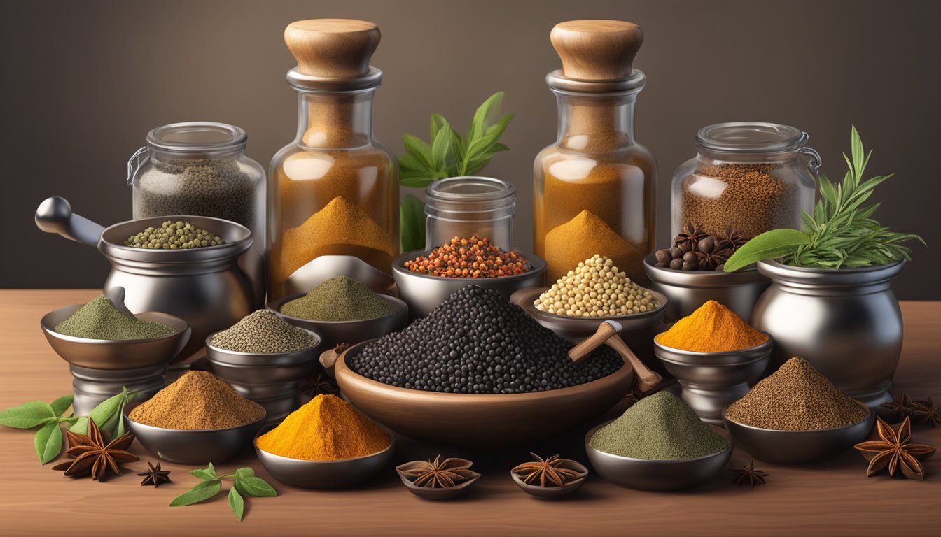 A mortar and pestle grinding various spices, including black peppercorns, with jars of different spice mixtures in the background