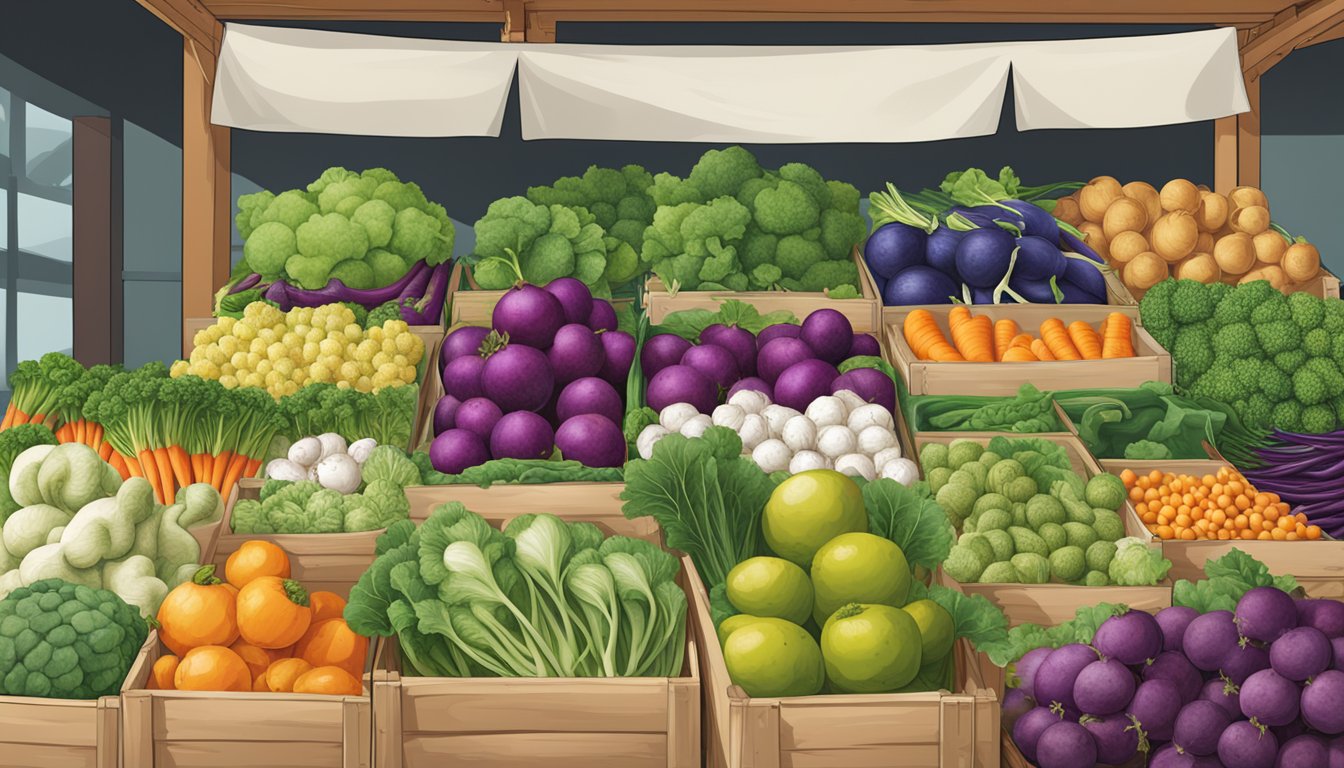 A vibrant farmers' market stall displays various seasonal vegetables, including black radish substitutes like turnips and daikon