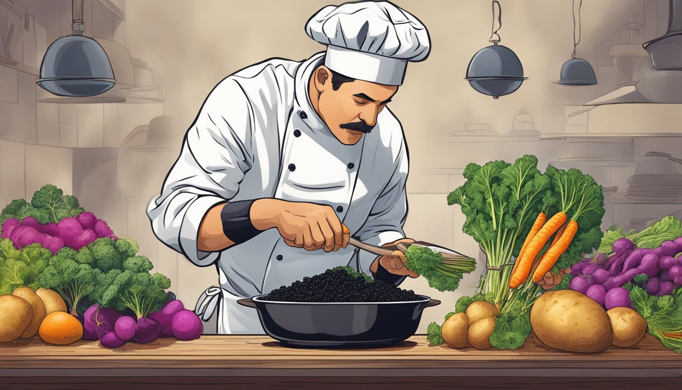 A chef using black radish in place of potatoes for a colorful and unique twist on classic dishes