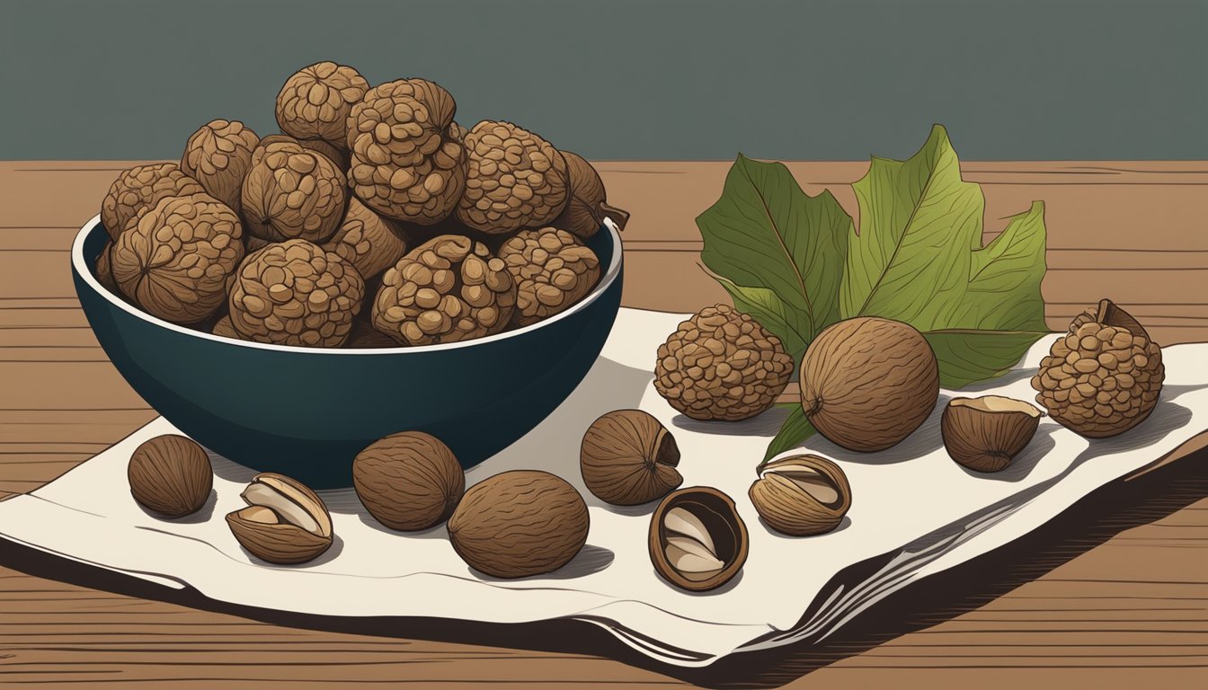 A pile of black walnuts sits next to a bowl of cracked shells, with a nutcracker and a handful of shelled nuts scattered on the table