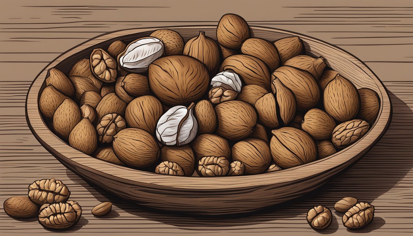 A wooden bowl filled with black walnuts surrounded by various alternative substitutes such as pecans, almonds, and hazelnuts