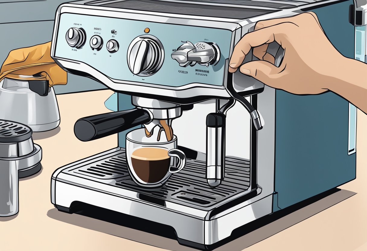 A hand reaching for a Breville espresso machine, wiping it down with a damp cloth, removing the drip tray and cleaning it, then descaling the machine with a cleaning solution