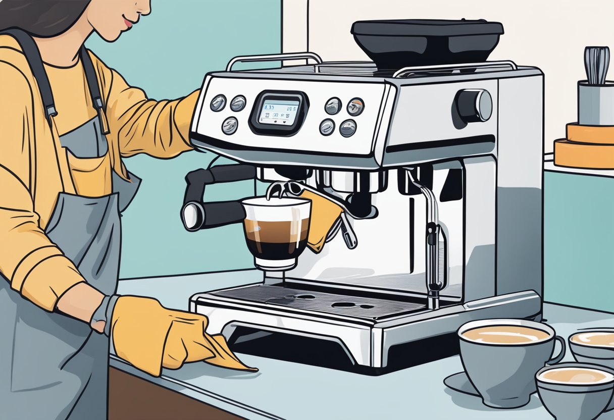A hand reaching for a Breville espresso machine, opening the water tank, removing the portafilter, and wiping down the exterior with a cloth