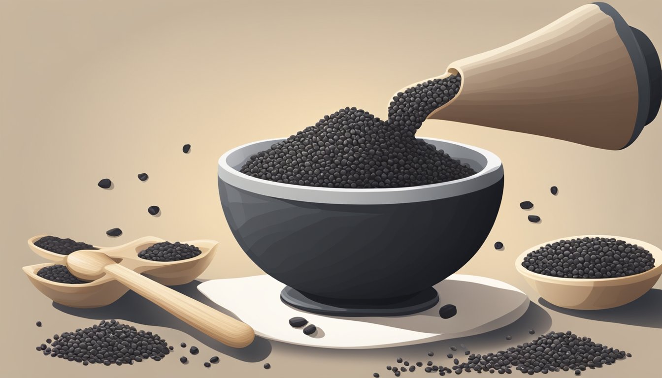 A mortar and pestle crushing roasted black sesame seeds into a smooth paste