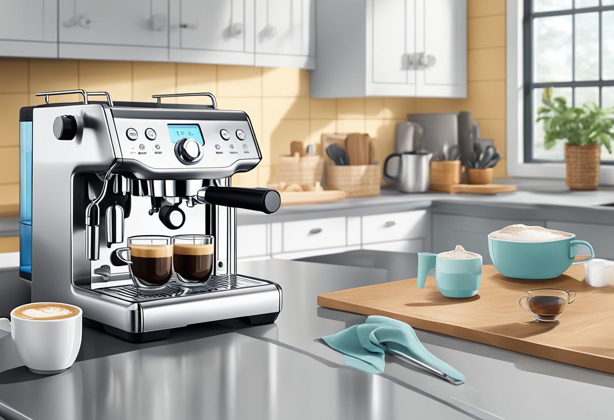 A hand reaching for the descaling solution while the Breville espresso machine sits on the kitchen counter, with steam wand and portafilter visible