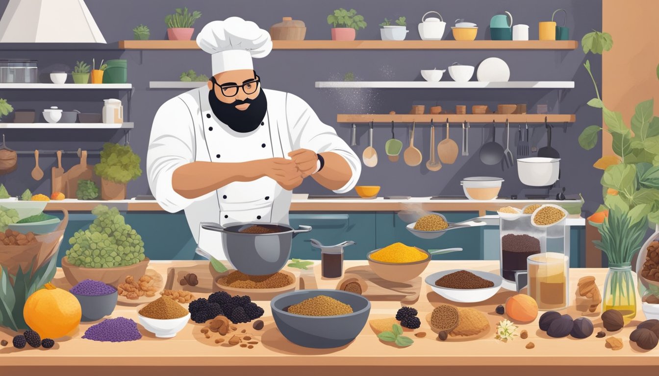 A chef using black walnuts substitutes in a vibrant kitchen, surrounded by colorful ingredients and experimenting with different recipes