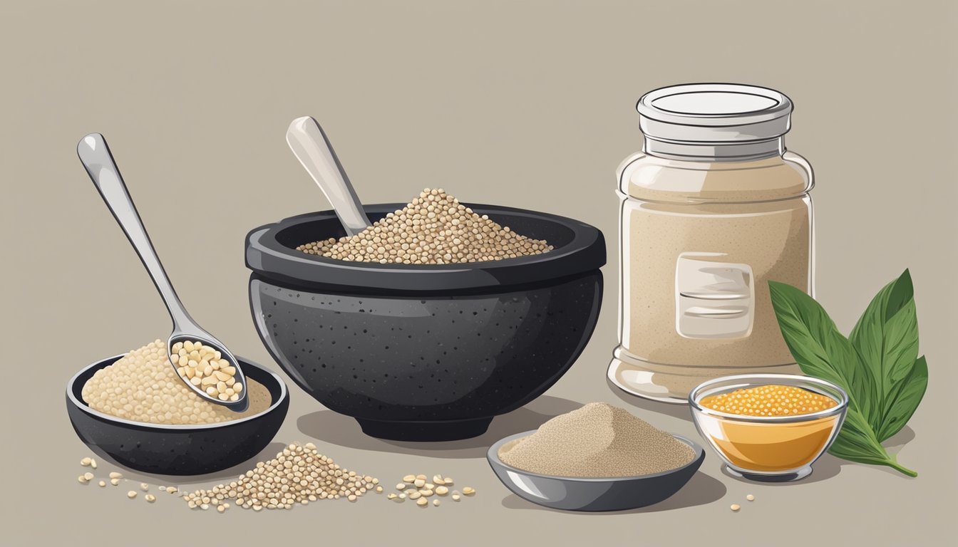 A jar of black sesame paste sits next to a bowl of tahini and a mortar and pestle with sesame seeds. Ingredients for a recipe surround them