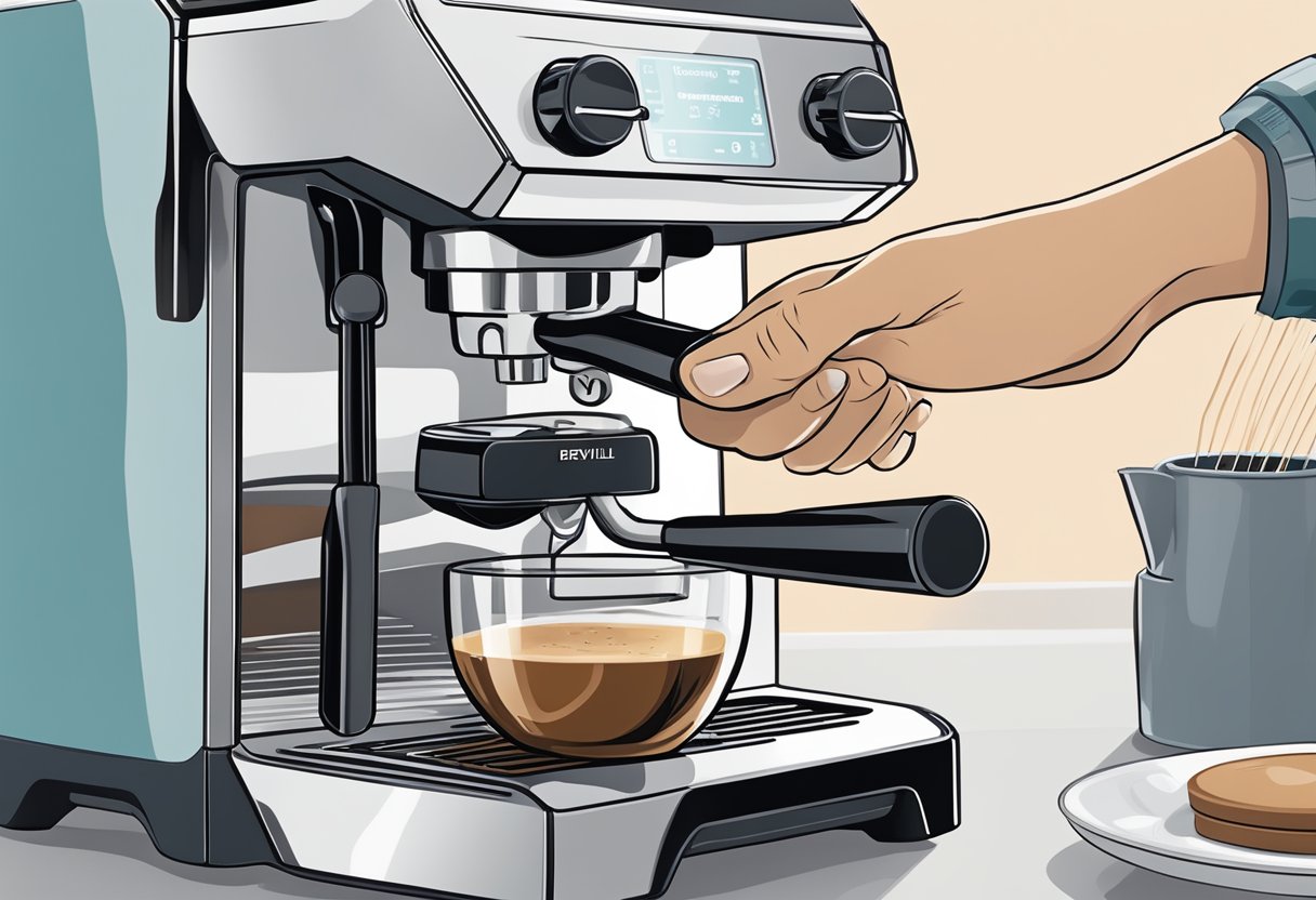 A hand reaching for a Breville espresso machine with a cleaning brush and a small bowl of cleaning solution nearby