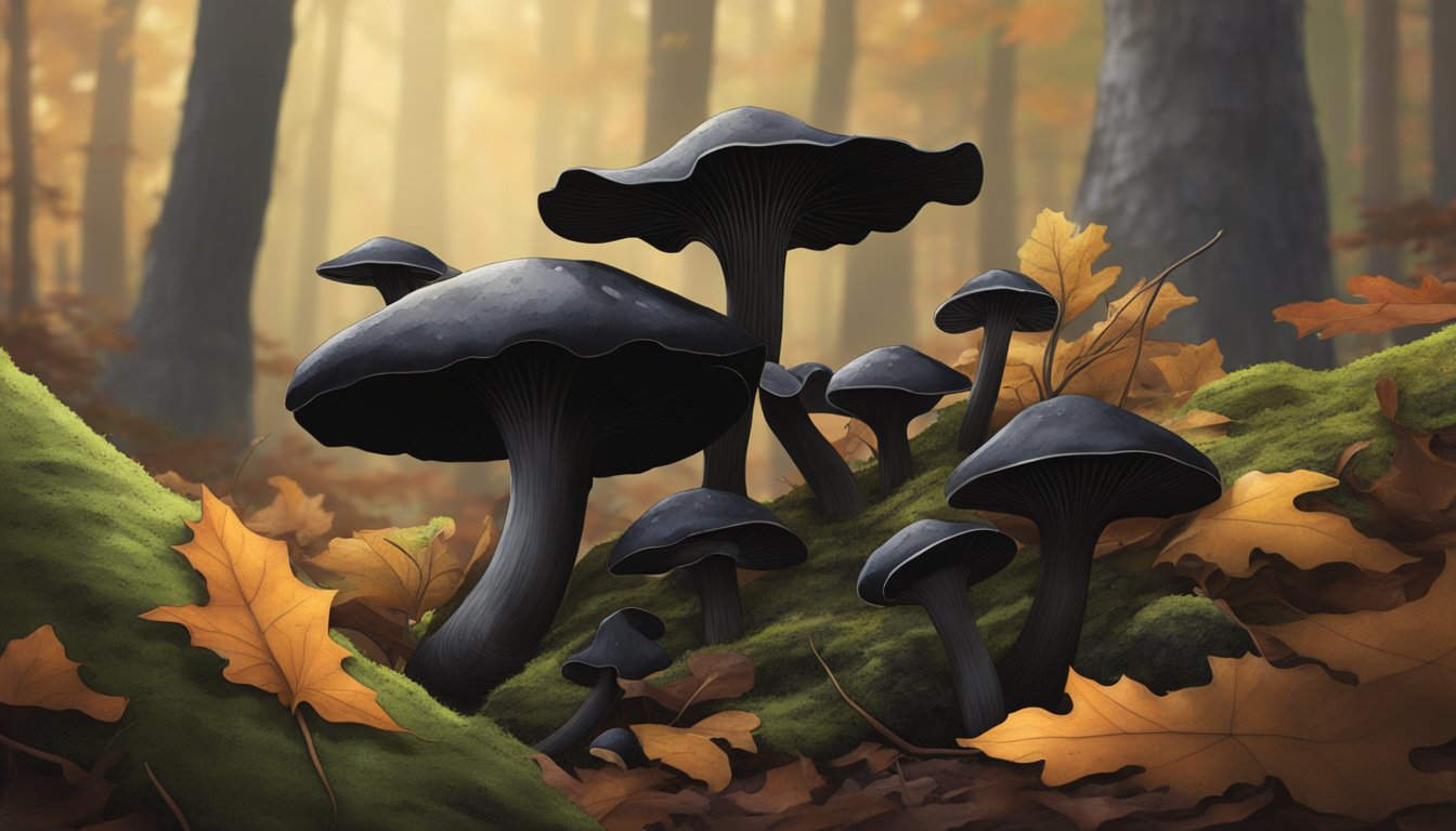 A cluster of black trumpet mushrooms sits on a bed of moss, surrounded by fallen leaves and twigs. The dark, funnel-shaped caps contrast against the earthy forest floor