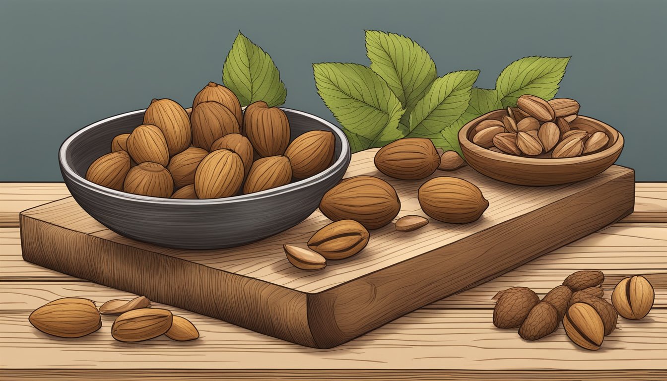 A selection of alternative ingredients to black walnuts, such as almonds, pecans, and hazelnuts, arranged on a wooden cutting board