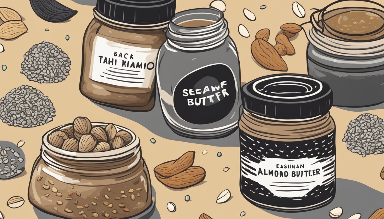 A jar of black sesame paste next to alternative options like tahini and almond butter, with a variety of seeds and nuts scattered around