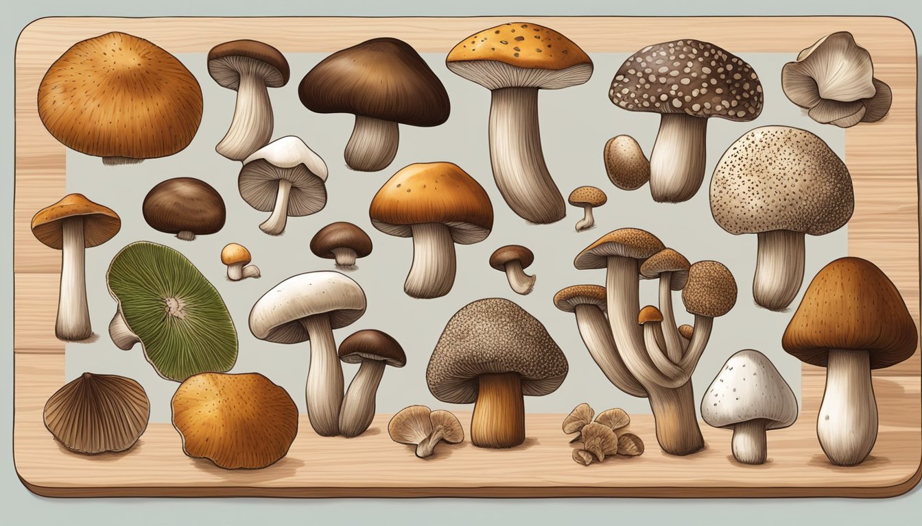 A variety of mushrooms, including shiitake, porcini, and morel, displayed on a wooden cutting board