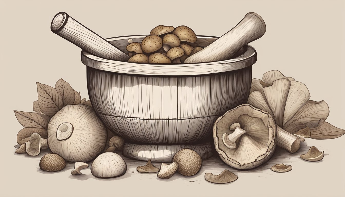 A wooden mortar and pestle filled with dried mushrooms, surrounded by various alternative ingredients like porcini and shiitake mushrooms