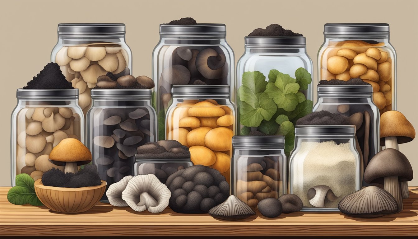 A variety of mushrooms, including black trumpet mushrooms, are arranged with their corresponding powders in small glass jars on a wooden table