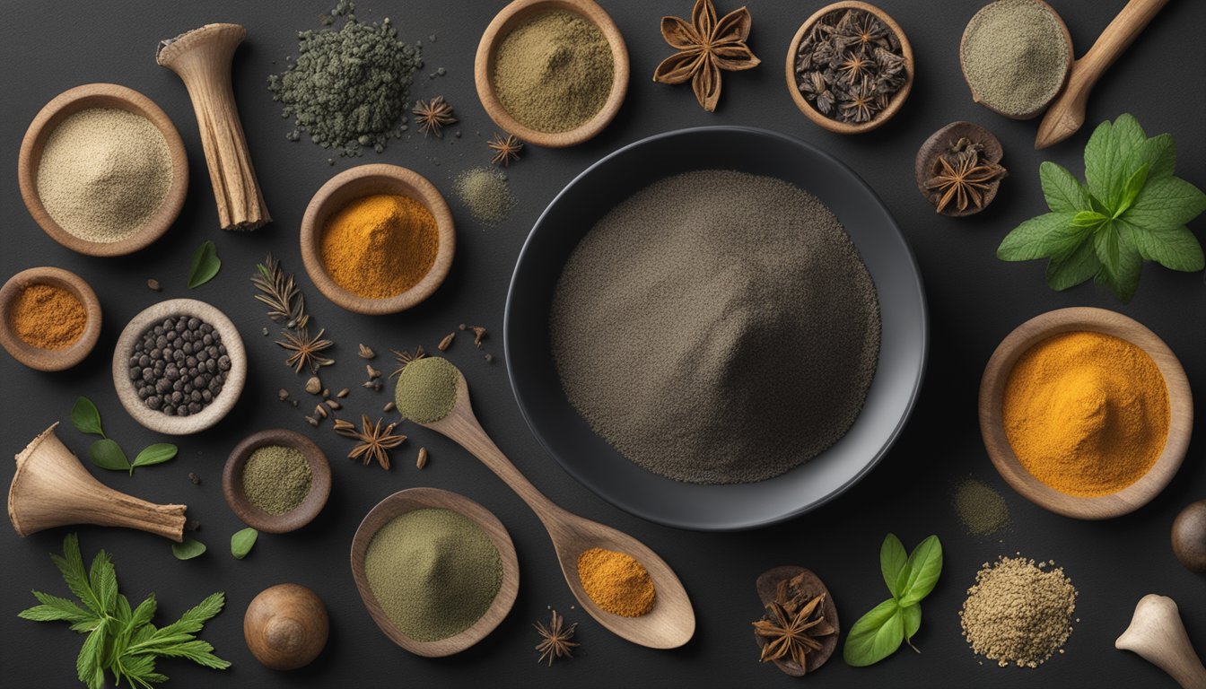 A small bowl of black trumpet mushroom powder surrounded by various non-mushroom alternatives such as dried herbs, spices, and other powdered seasonings