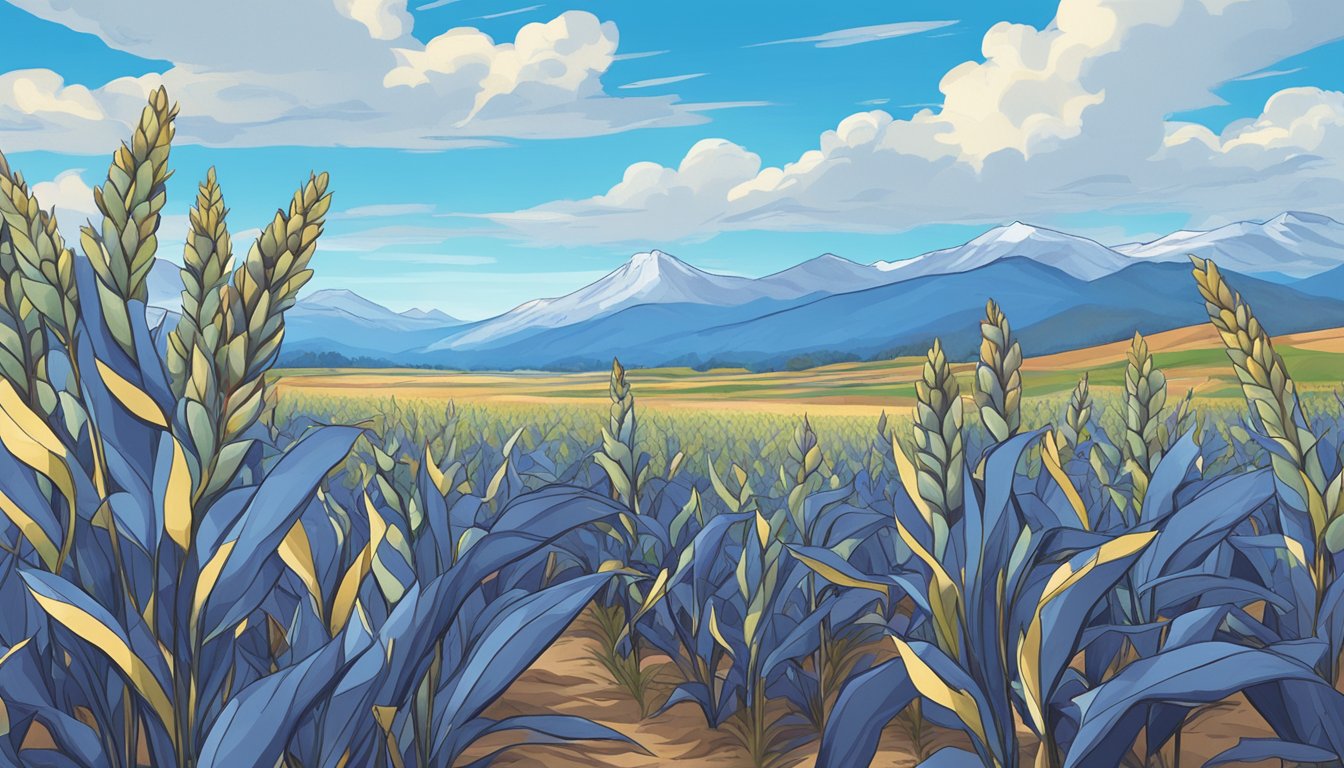 A field of blue corn plants swaying in the wind under a clear blue sky, with mountains in the background