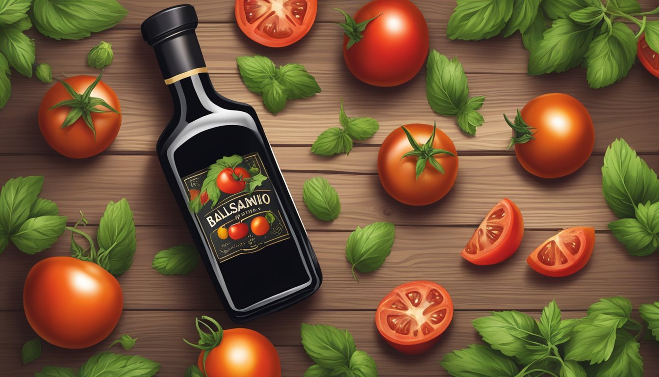 A bottle of balsamic vinegar surrounded by fresh herbs and ripe tomatoes on a rustic wooden table