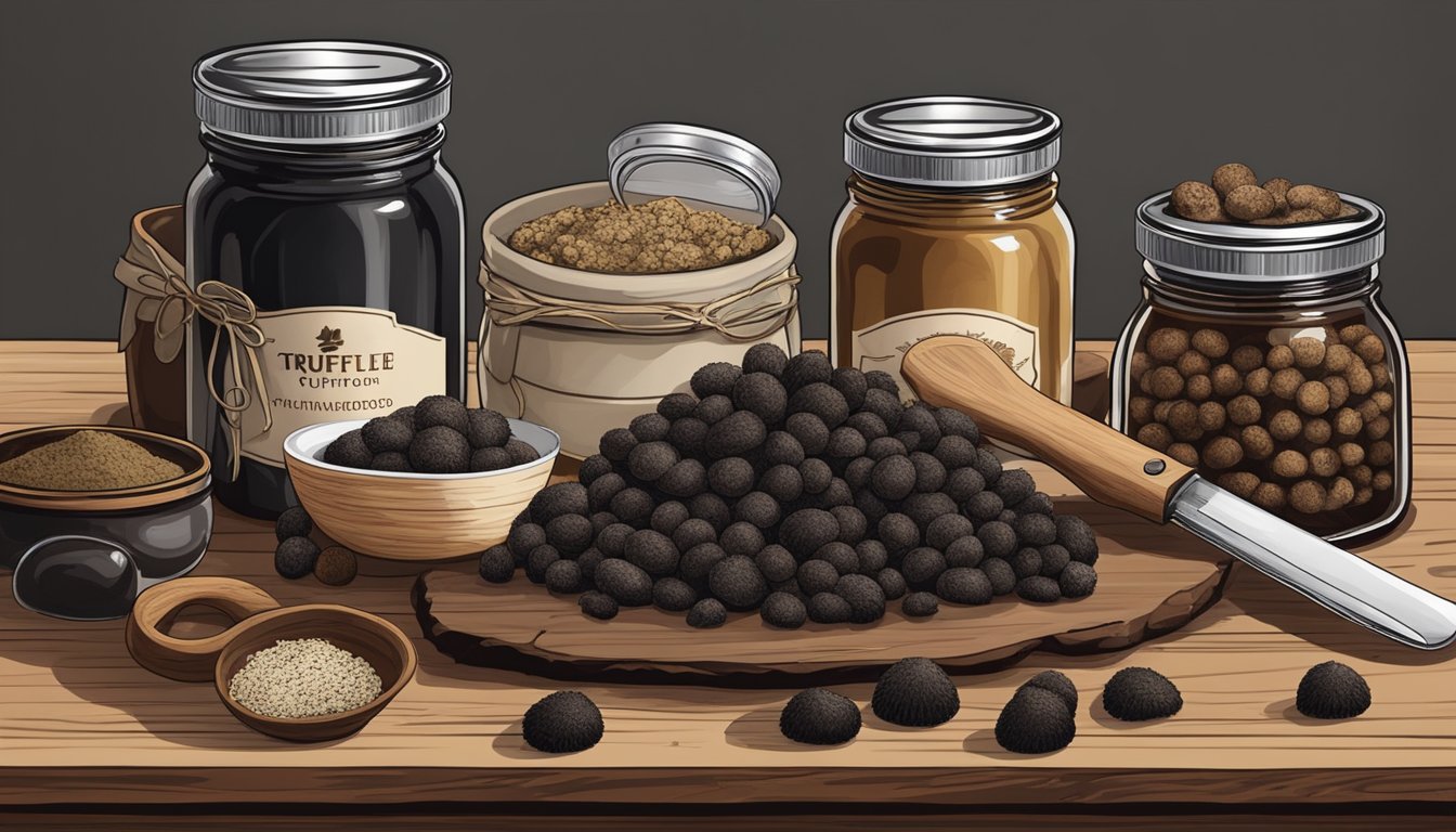 A wooden table covered in various truffle-based products, with jars of black trumpet mushroom powder as a substitute, surrounded by fresh truffles and a rustic knife