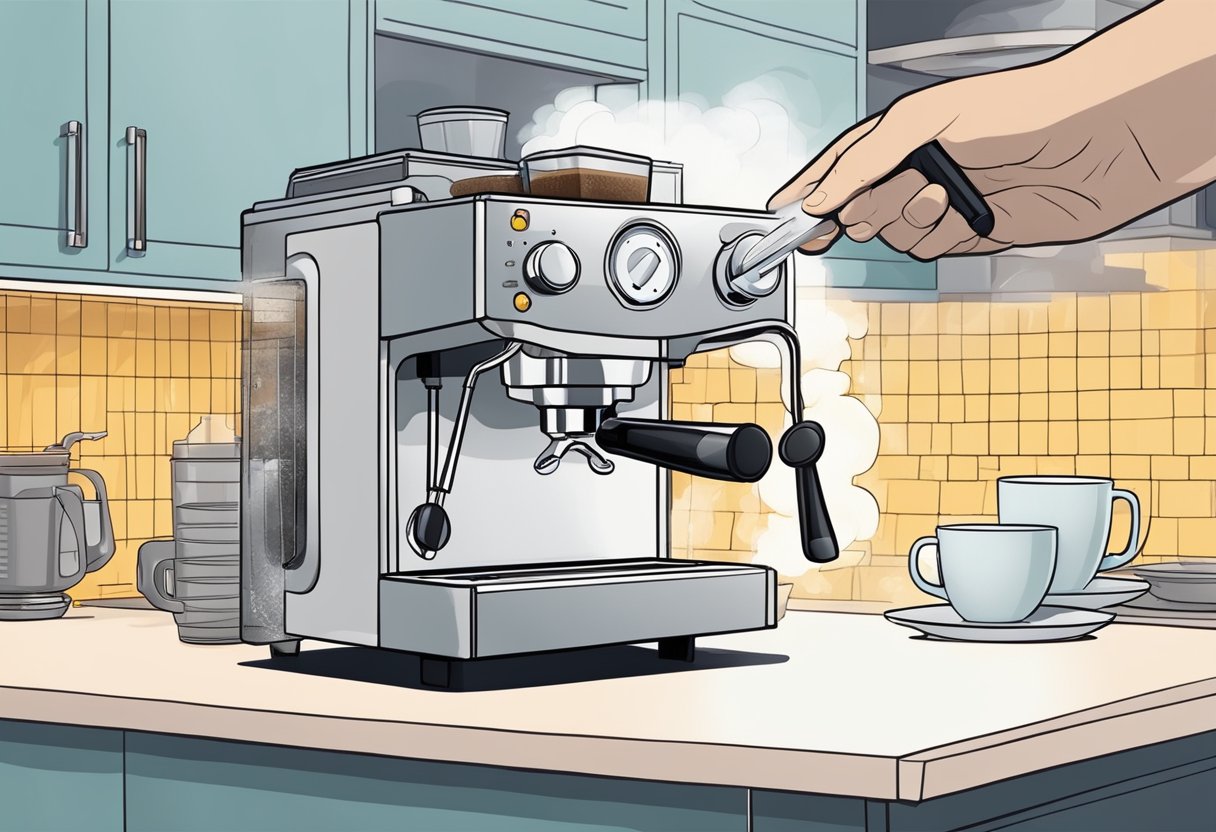 A hand reaching for the descaling solution while the espresso machine sits on the kitchen counter, with steam wand and portafilter visible