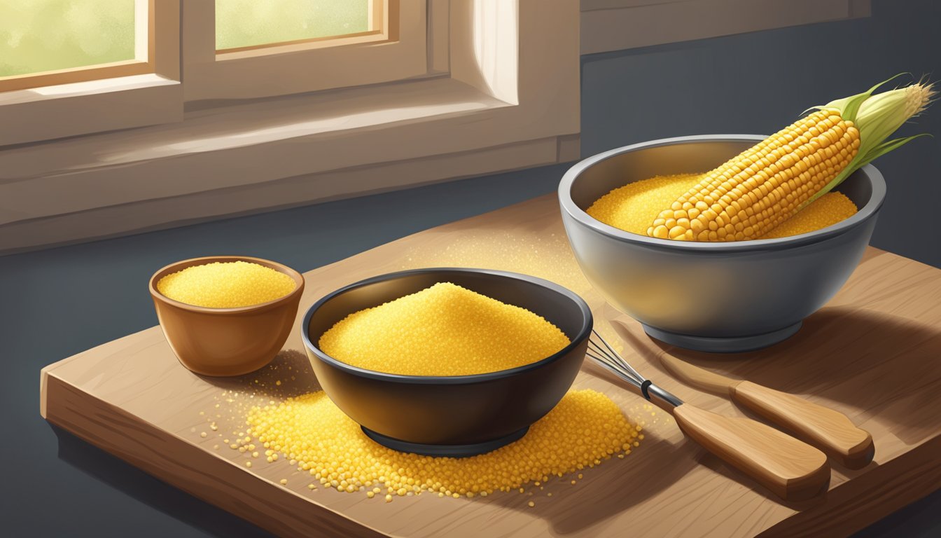 A bowl of yellow cornmeal sits next to a pile of fresh corn on a wooden cutting board. A mixing bowl and whisk are nearby