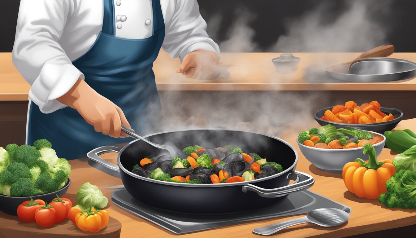 A chef sprinkles black trumpet mushroom powder onto a sizzling pan of vegetables, adding depth and umami to the dish