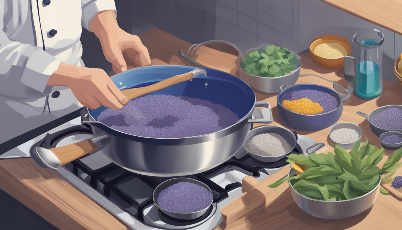 A chef stirring a pot of blue corn substitute in a bubbling pot on a stovetop. Various ingredients and utensils are scattered on the kitchen counter