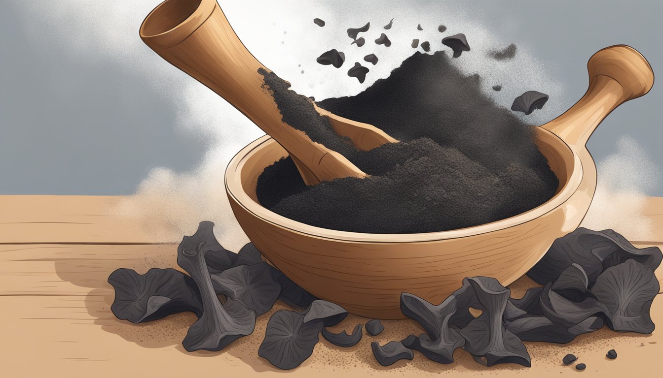 Dried black trumpet mushrooms being ground into a fine powder in a mortar and pestle