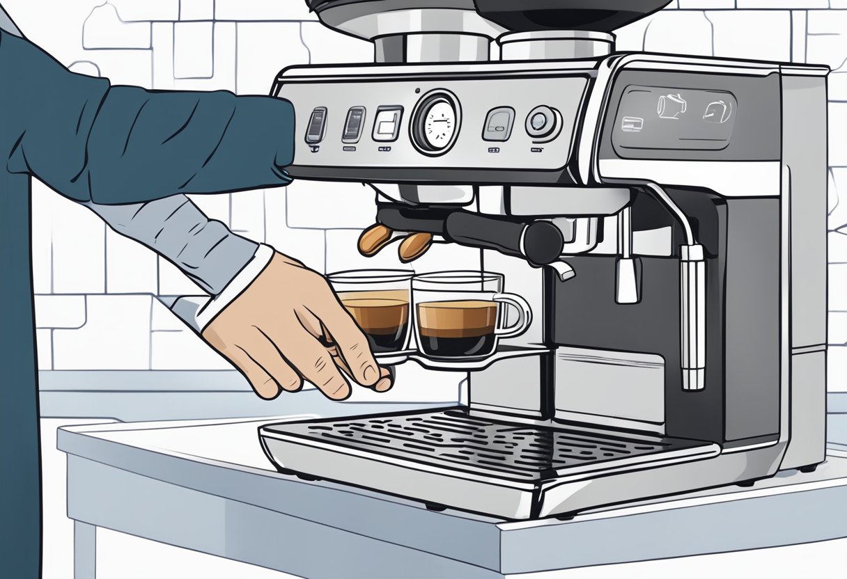 A hand pouring a descaling solution into the water reservoir of a Breville espresso machine, with steam and water dripping from the machine