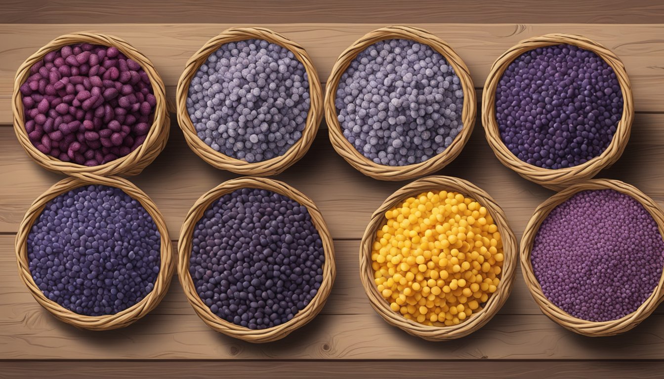 A vibrant display of non-traditional blue corn substitutes, including purple, yellow, and red varieties, arranged in a rustic woven basket