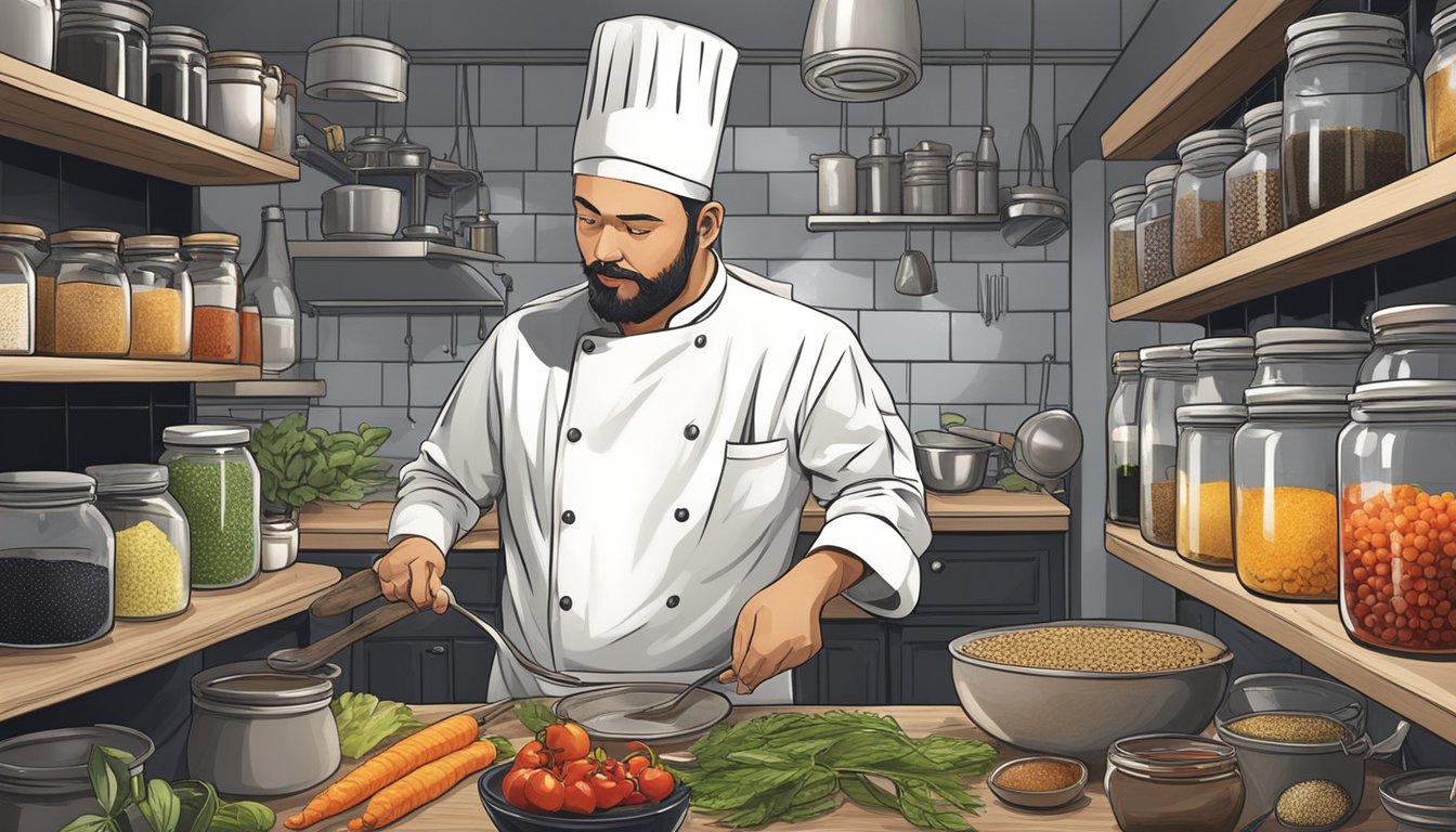 A chef exploring various ingredients for black vinegar substitutes in a well-stocked kitchen