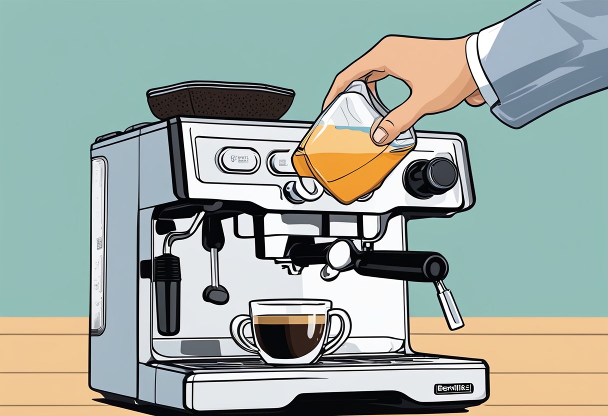 A hand reaching for a descaling solution bottle next to a Breville espresso machine. A small cup collects the solution as it drips from the machine's spout