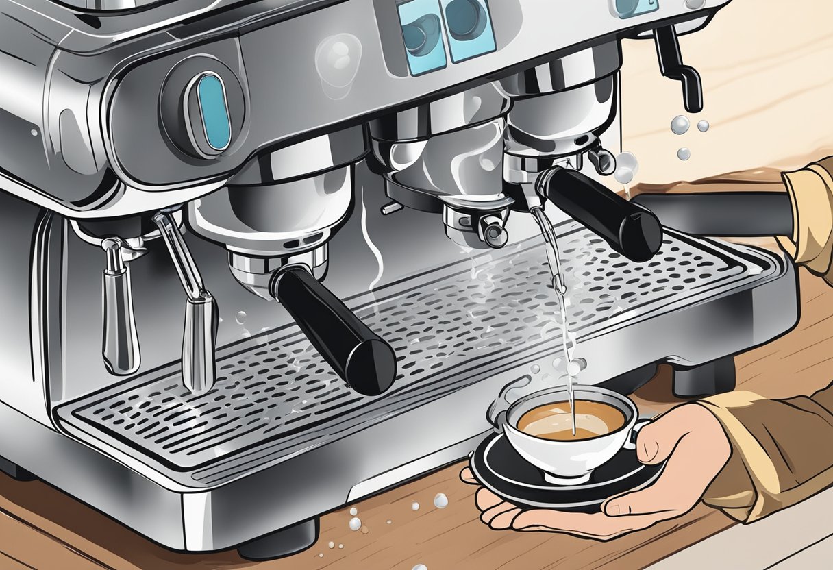 A hand holding a descaling solution pours it into the water tank of a Breville espresso machine. Steam and bubbles rise as the machine undergoes regular maintenance and cleaning